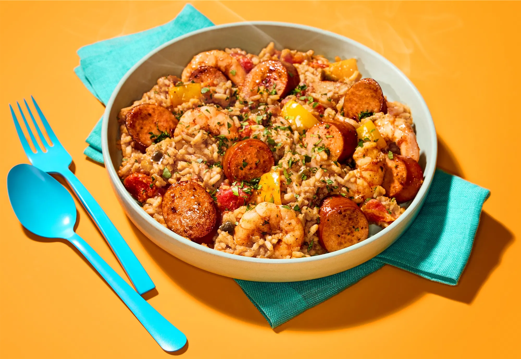 ohnsonville brand sausage jambalaya recipe vibrant scene yellow blue