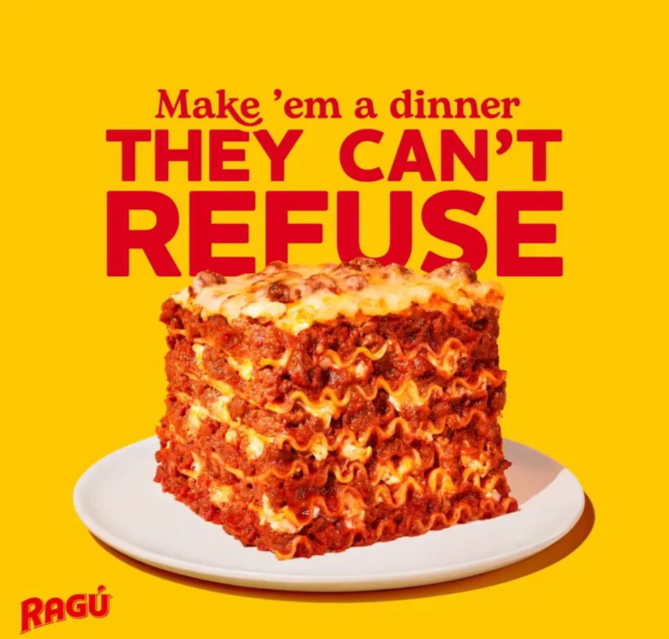 ragu brand ad make 'em a dinner they can't refuse stacked lasagna on yellow background