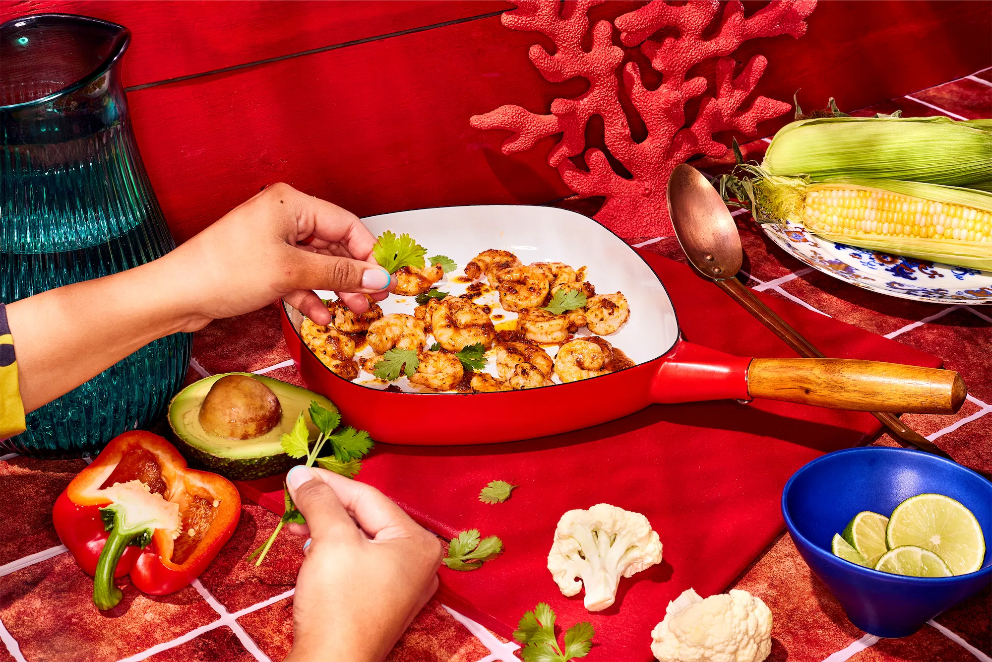 Pescanove brand chipolte shrimp recipe with fresh vegetables in red scene