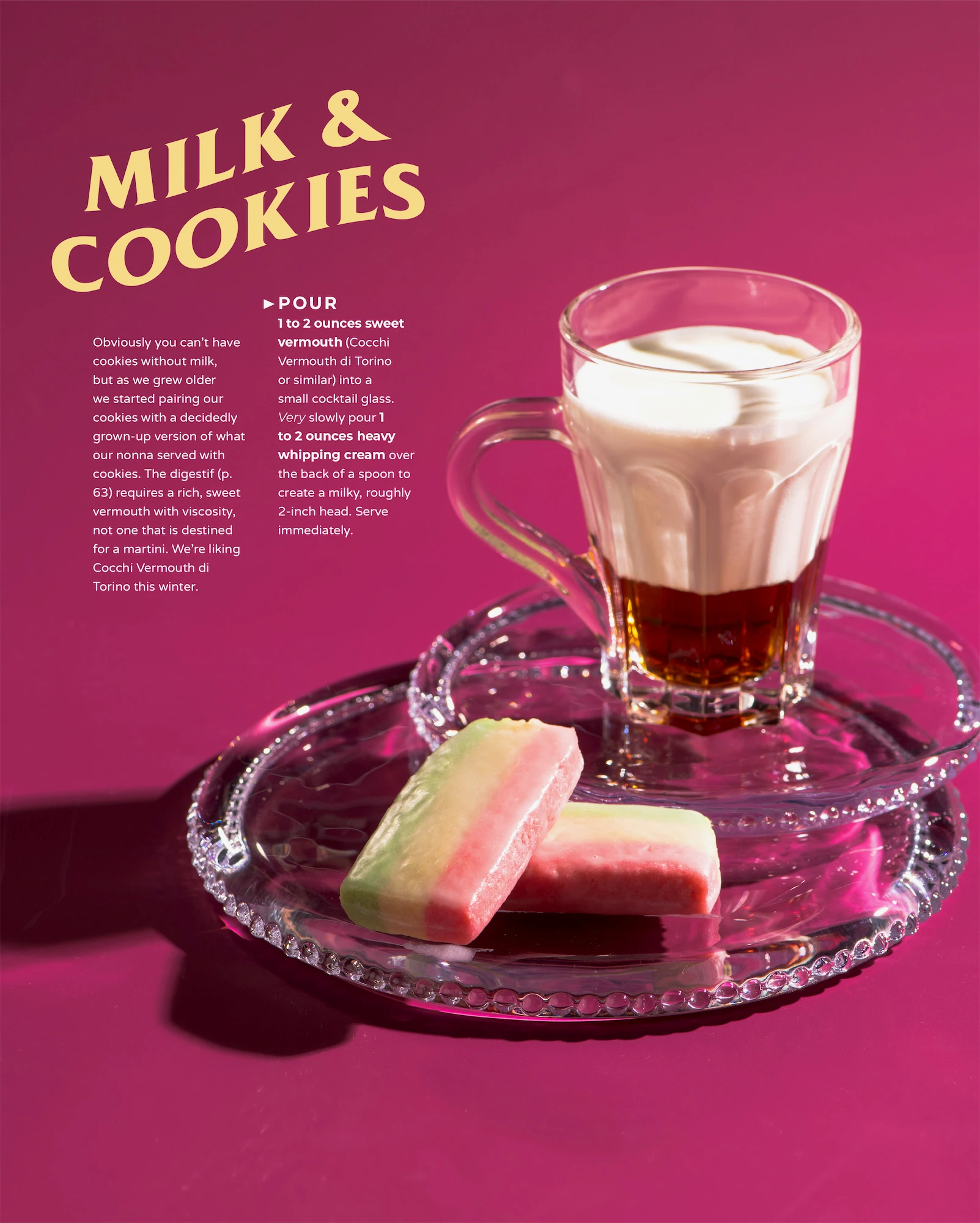 magazine editorial showing glass plates with creamy espresso and two italian cookies on deep pink background