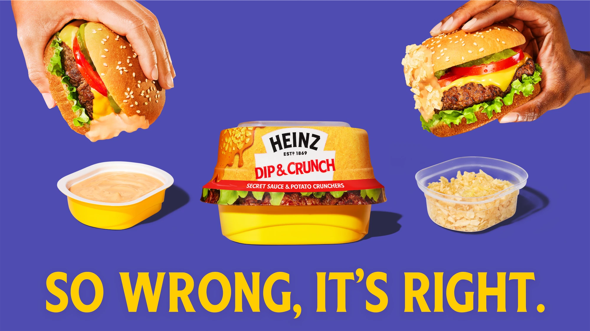 kraft brand dip & crunch product showing two hands holding burgers so wrong it's right