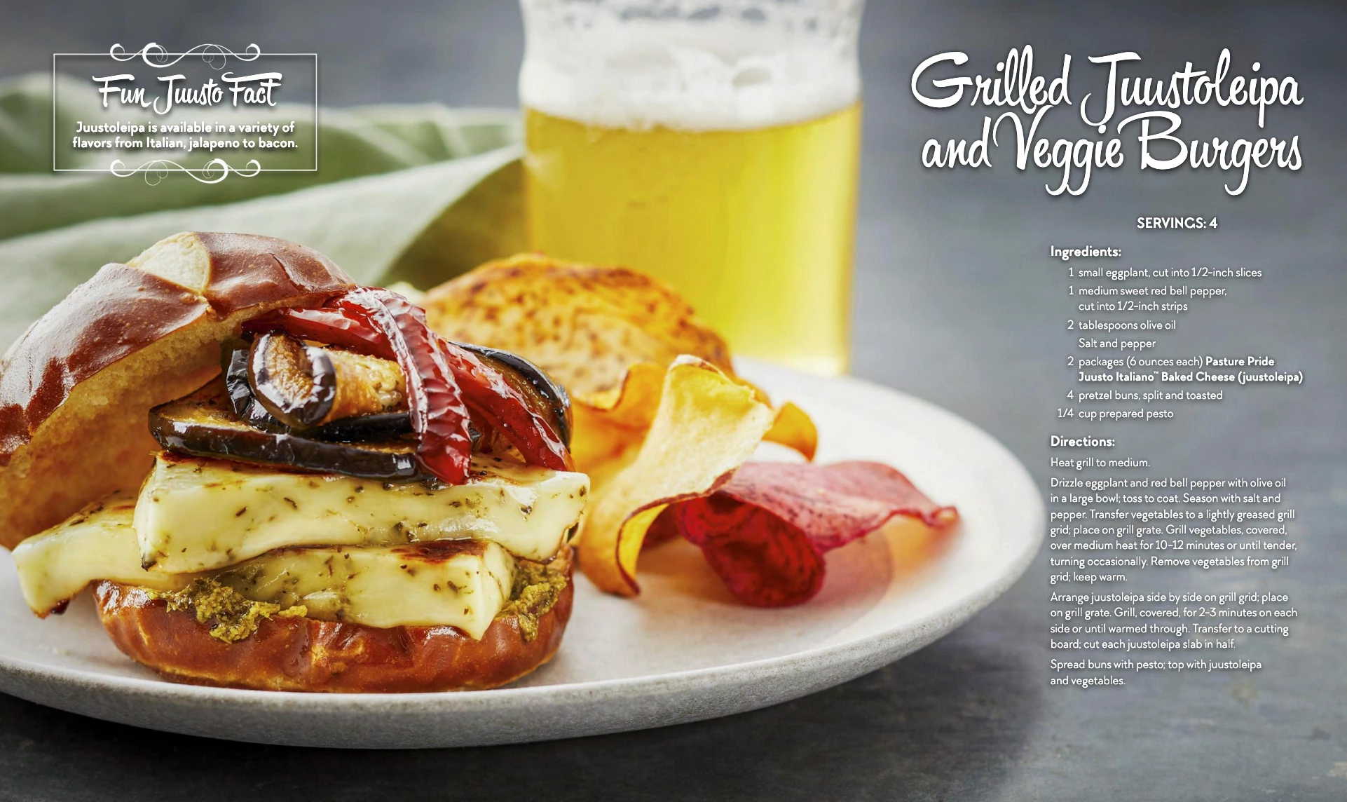 editorial recipe of grilled juustoleipa cheese and veggie burger with beer glass in background on grey surface