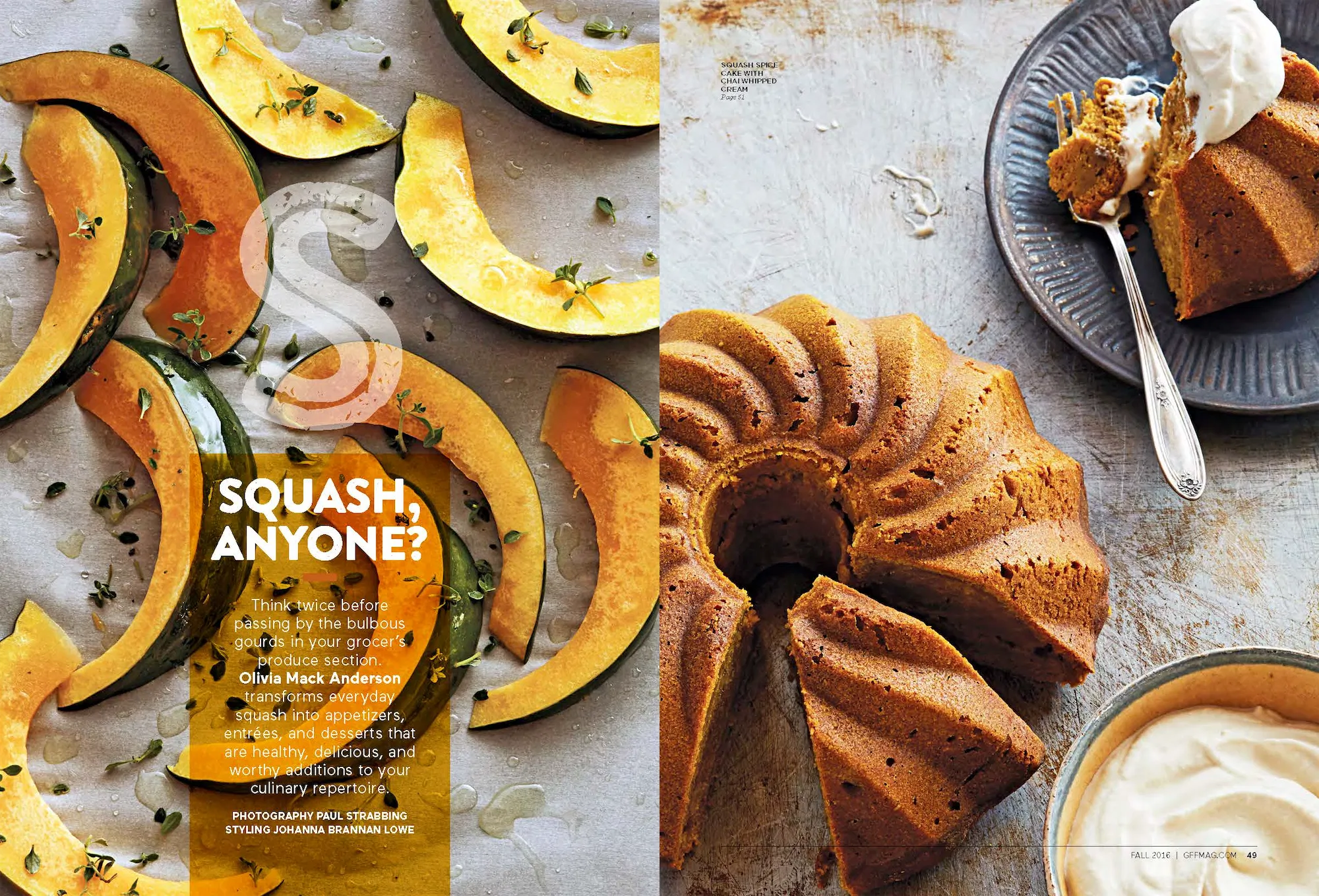 2 page editorial spread about squash recipes showing wedges of acorn squash and a fluted bundt cake with a side of whipped cream