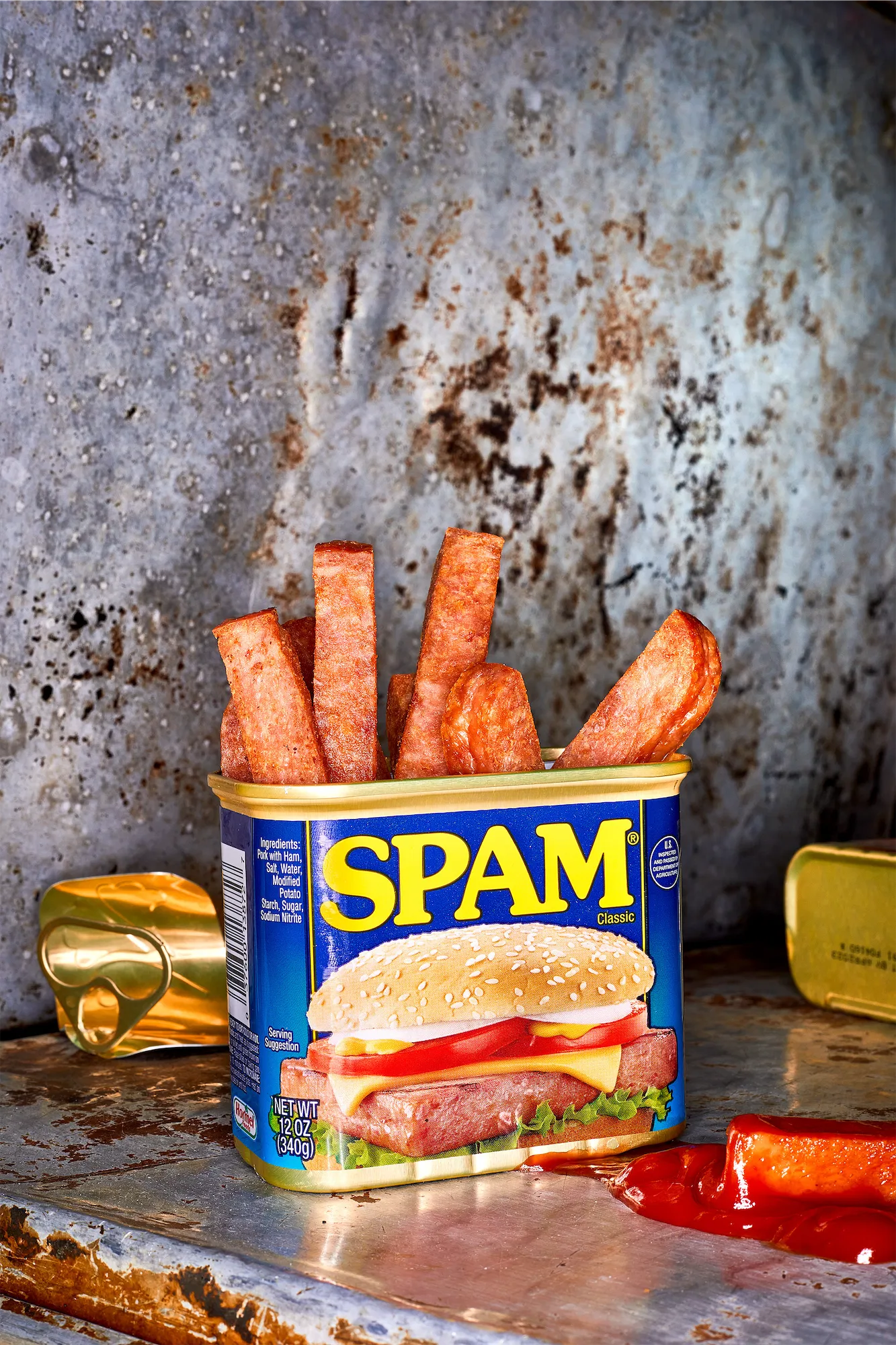 a can of spam holds spam fries against a rustic metal background and ketchup messy on the surface