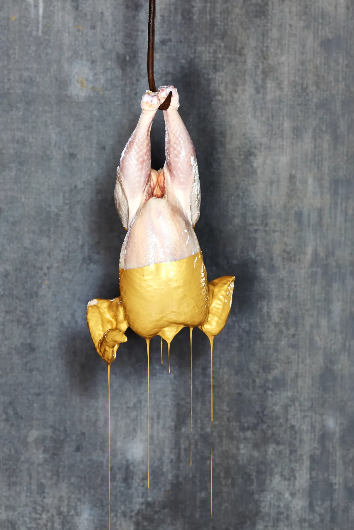  a raw chicken hanging on a meat hook half dipped in metallic gold paint ralph lauren brand against a grew background