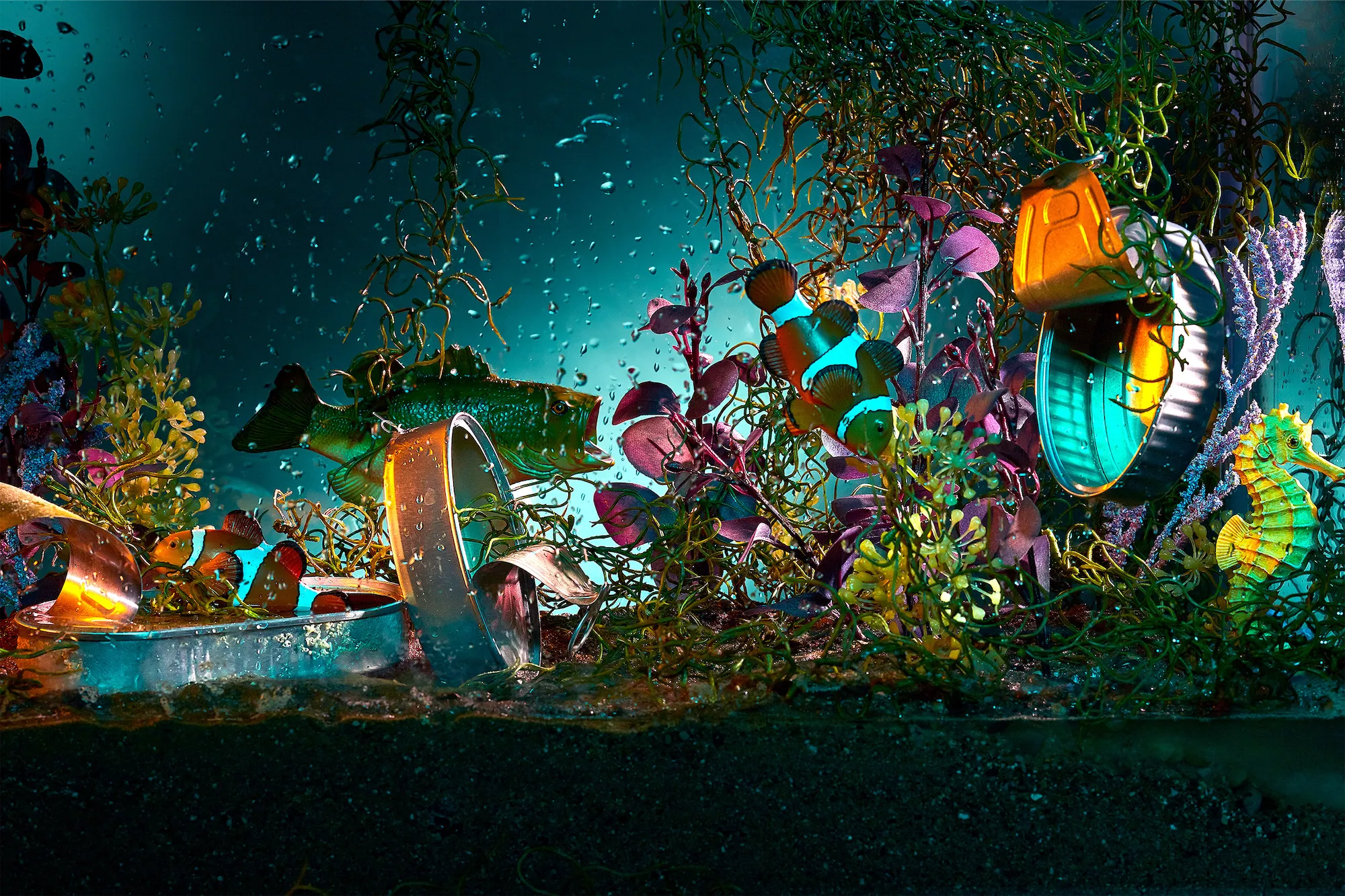 underwater scene multi-colored with sardine cans and plant life with a seahorse