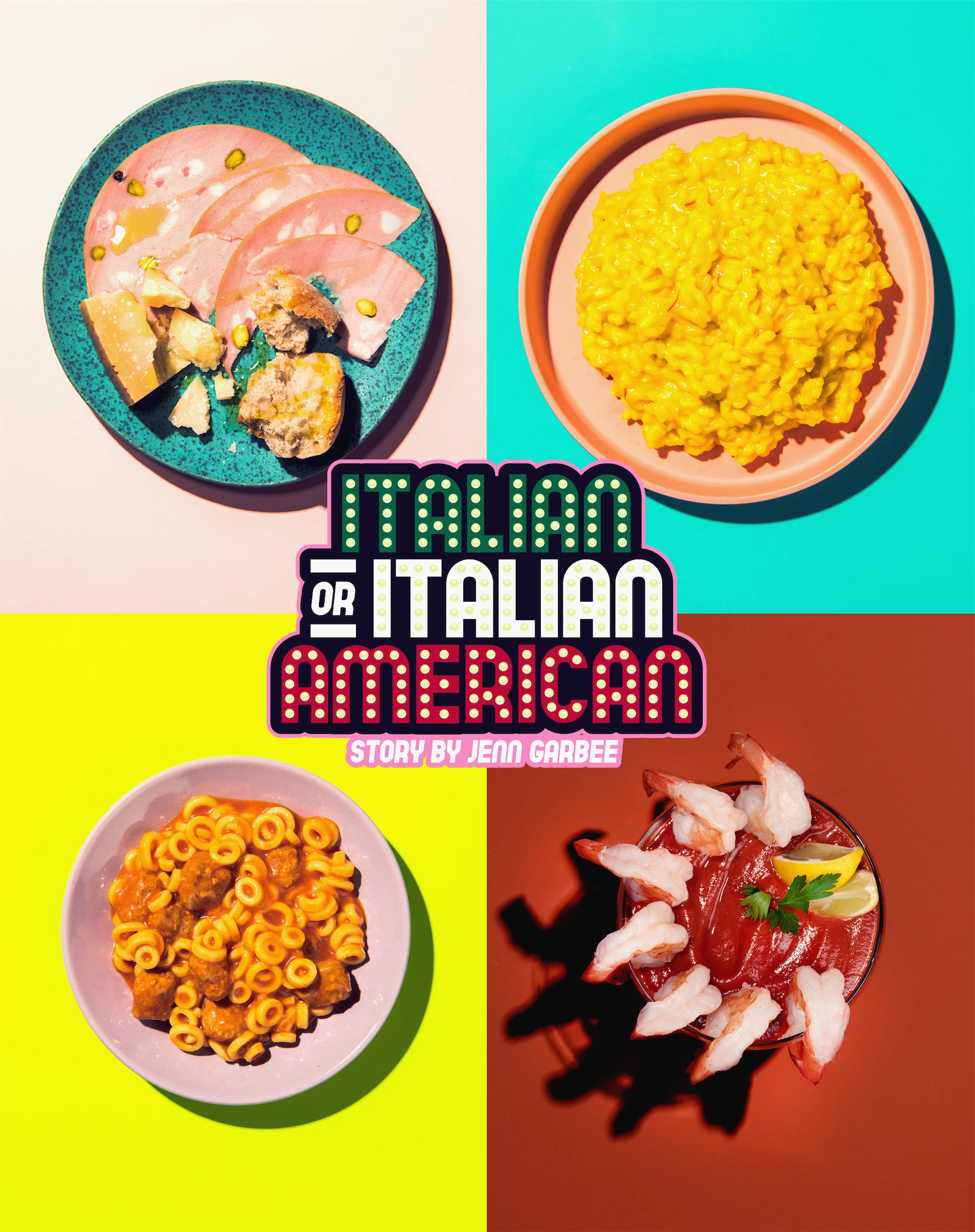 a quadrant of food images on different colored backgrounds with Italian or Italian American title