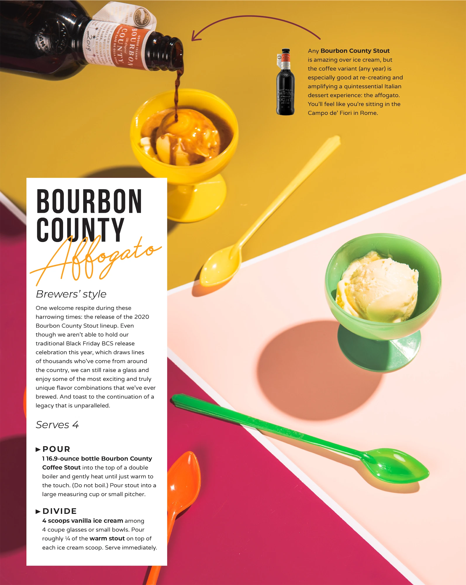 bourbon county affogato recipe editorial magazine spread with yellow and green sundae cups and three plastic ice tea spoons a bottle of stout pouring over ice cream