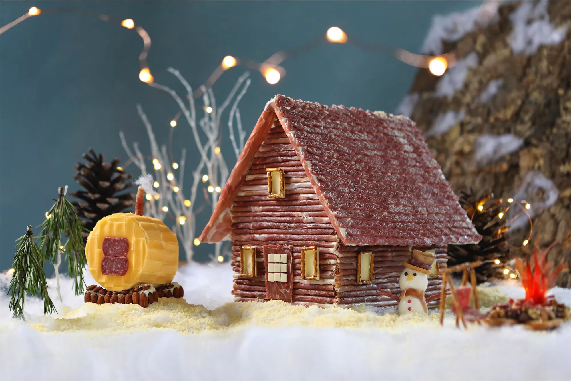 Hillshire farms brand scene of a rustic cabin made entirely of meat and cheese against a snowy mountain scene with glowing lights