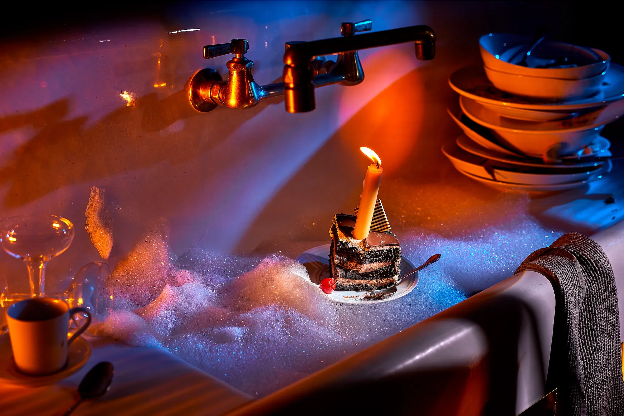 a glowing blue and red scene with soy sauce bottles on a wooden box and silk asian style fabric