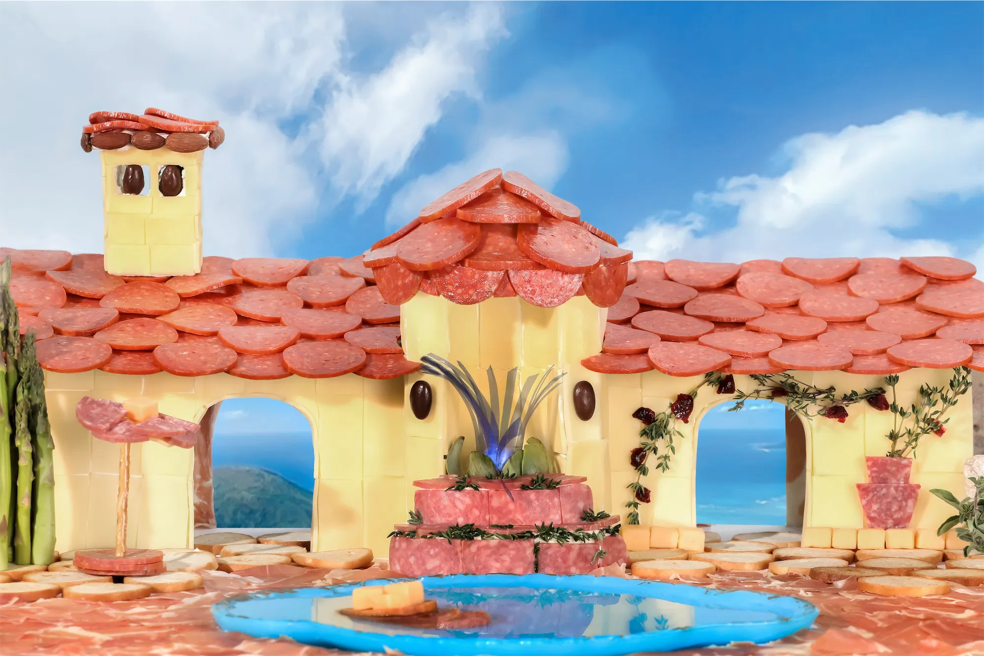 Hillshire farms brand scene of a florida style house made entirely of meat and cheese a pool in th eforeground blue cloudy sky and two archways to the seaview beyond