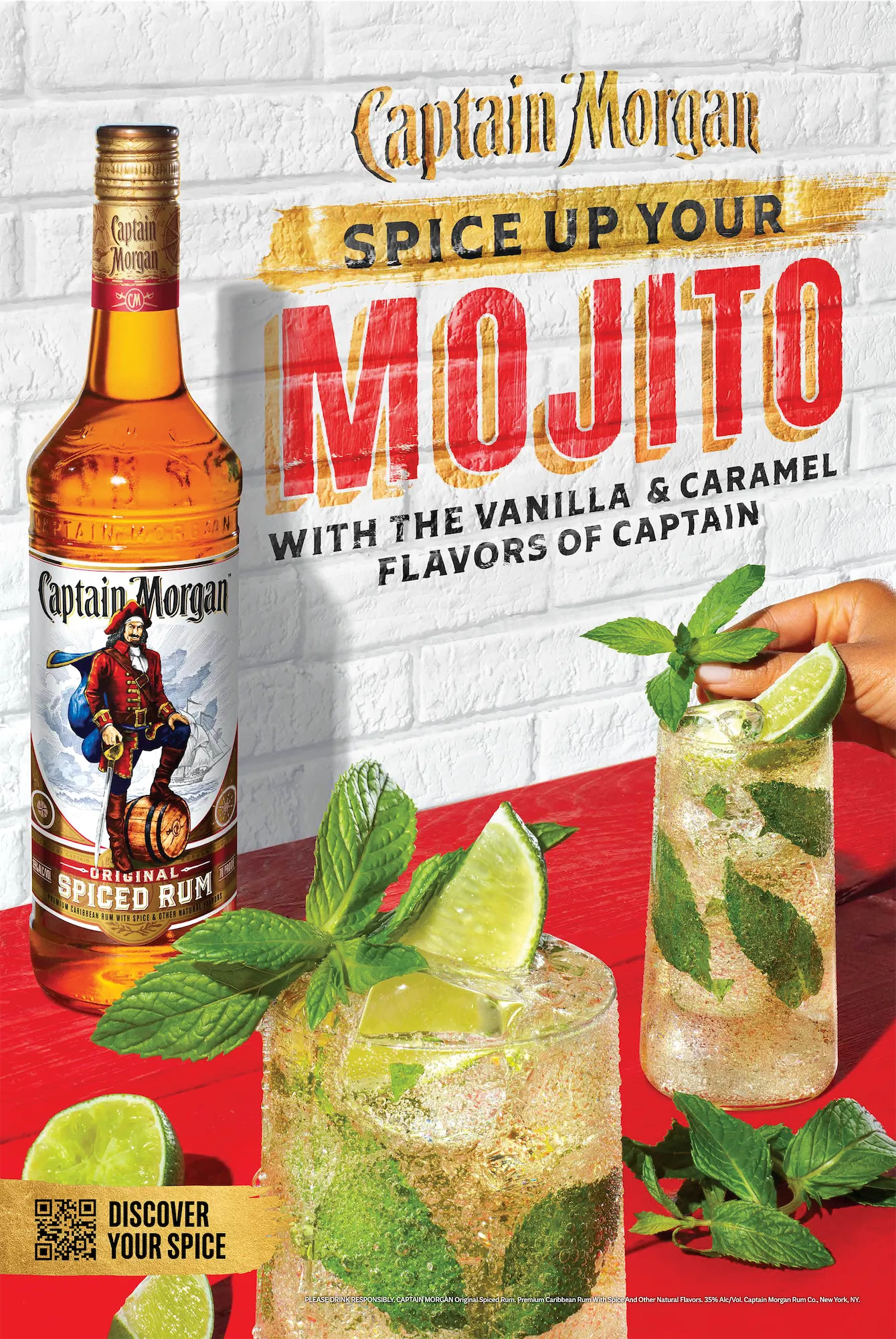 Captain Morgan Original Spiced Rum bottle next to refreshing mojito cocktails garnished with lime and mint