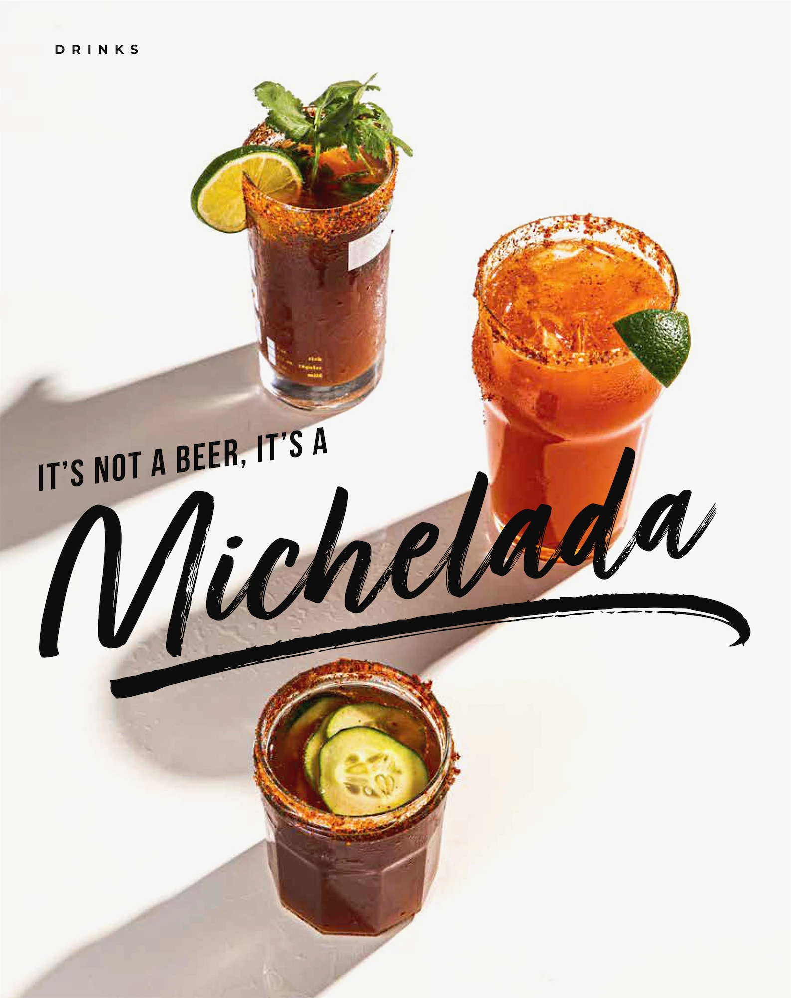 three assorted michelada cocktails on a white background it's not a beer