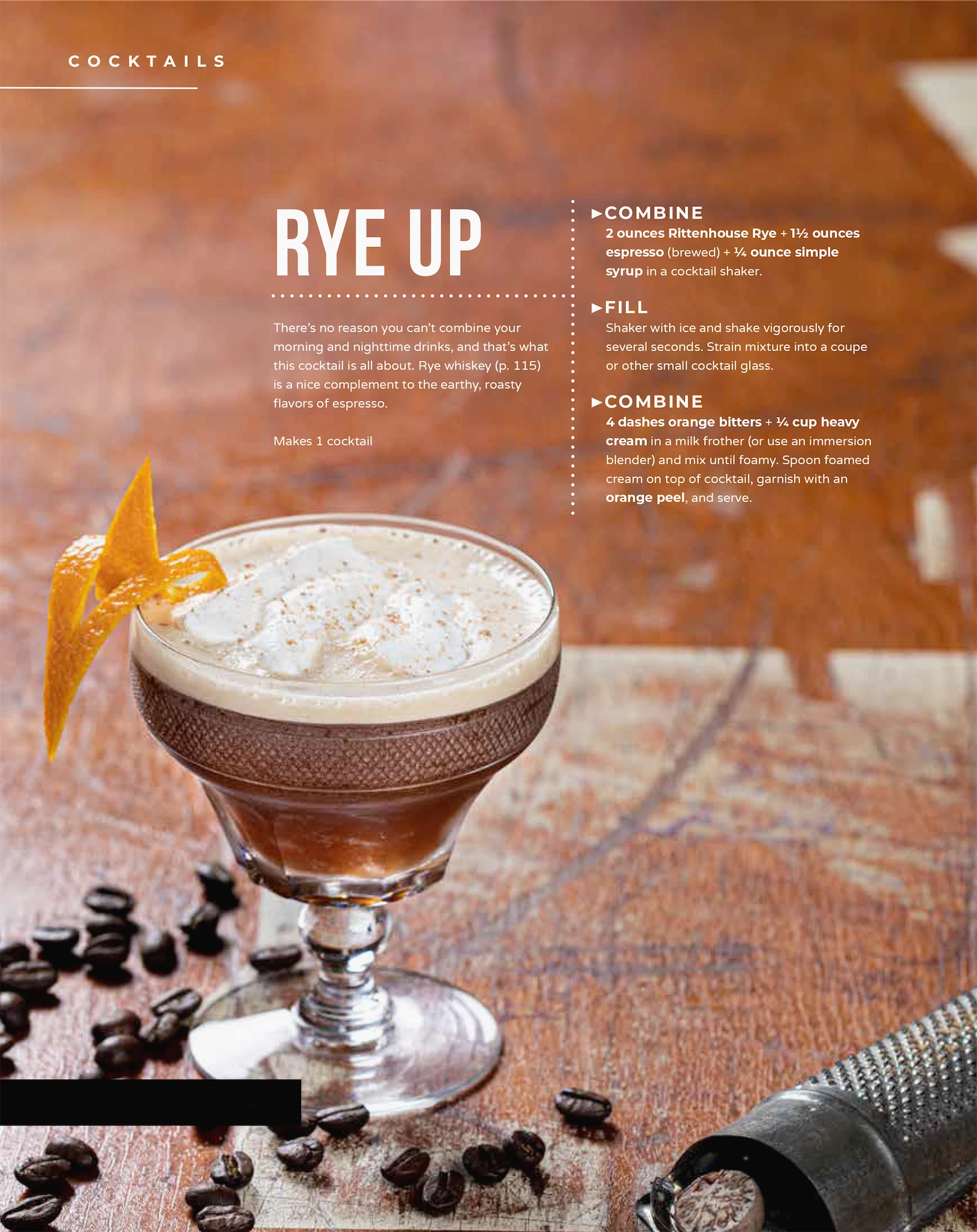 Rittenhouse rye cocktail with espresso and orange bitters recipe for a magazine spread