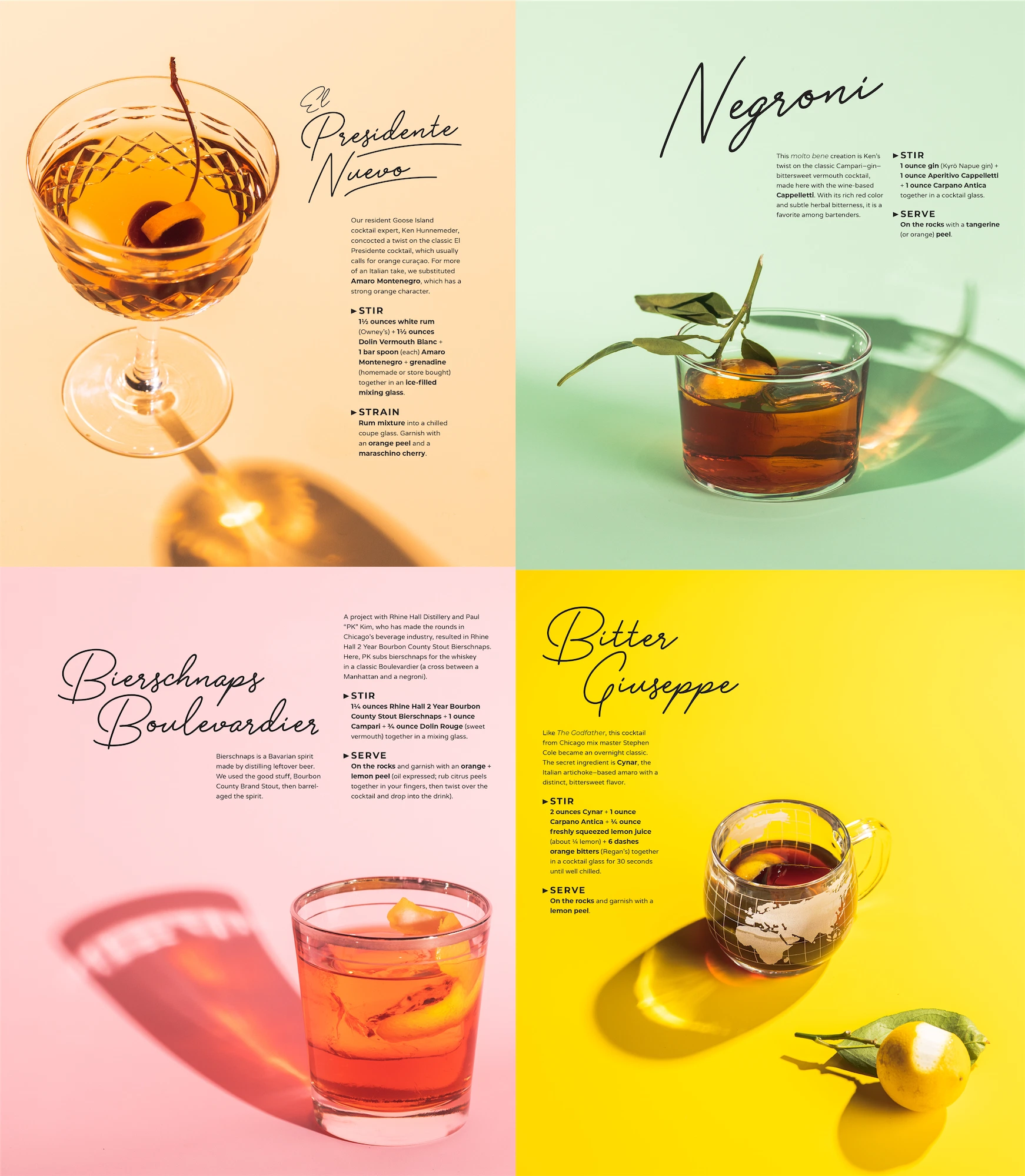 four assorted cocktails on vibrant colored background negroni boulevardier