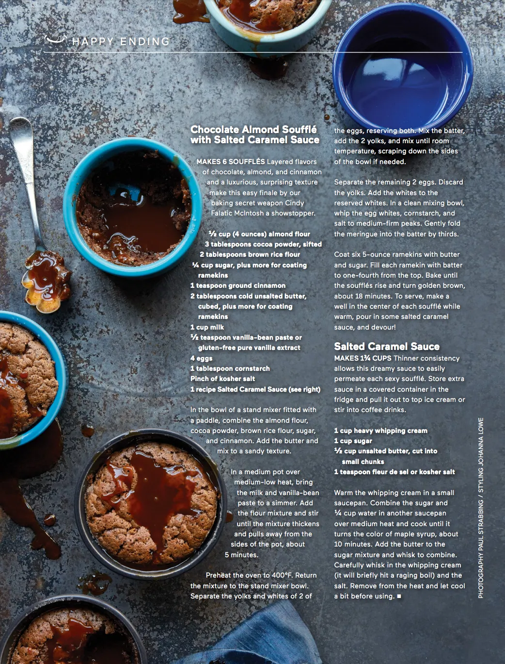 editorial recipe for individual chocolate souffle in blue ramekins on grey surface