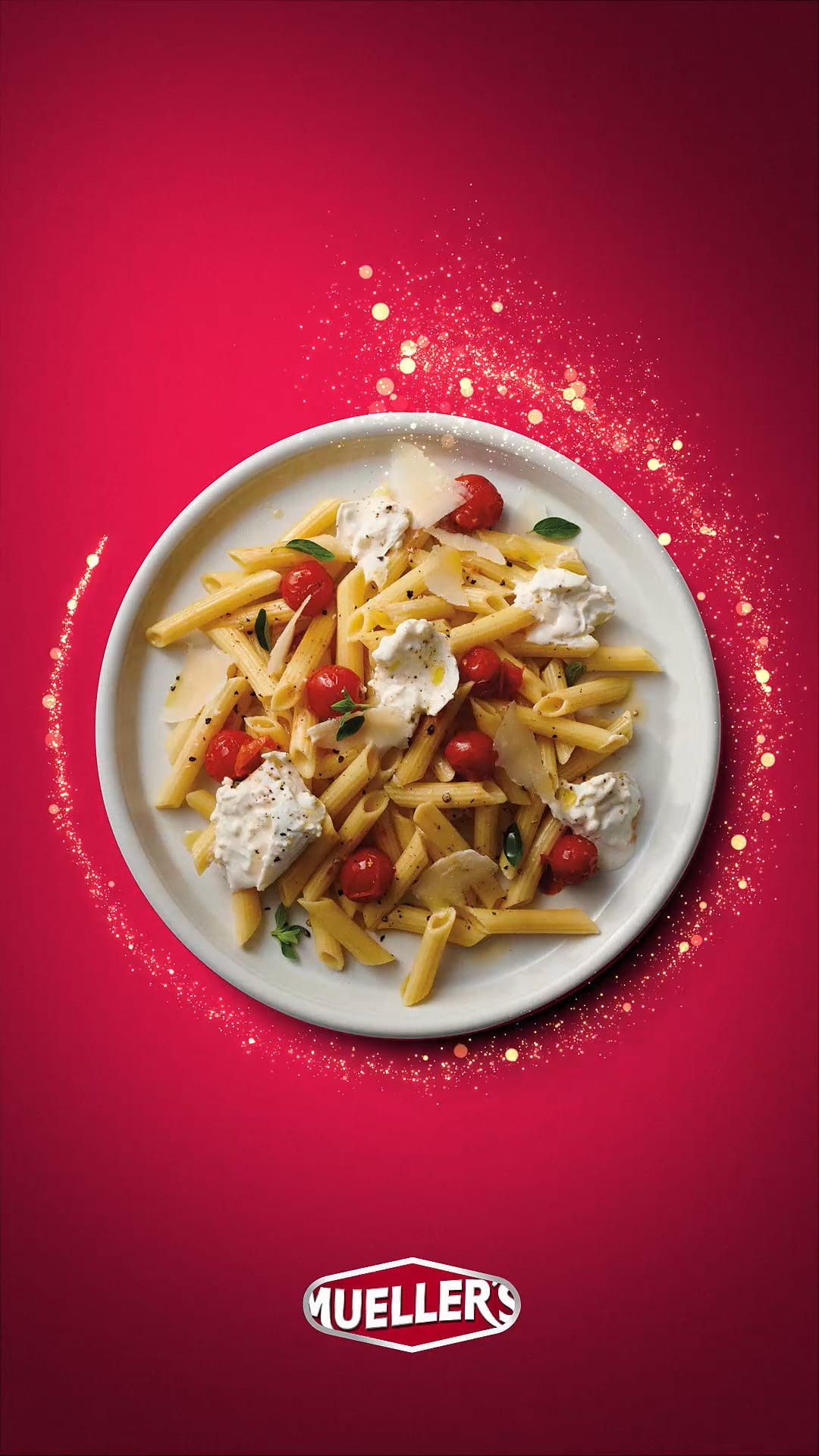Muellers brand pasta with mozzarella tomato and basil for holiday grand finale on red background