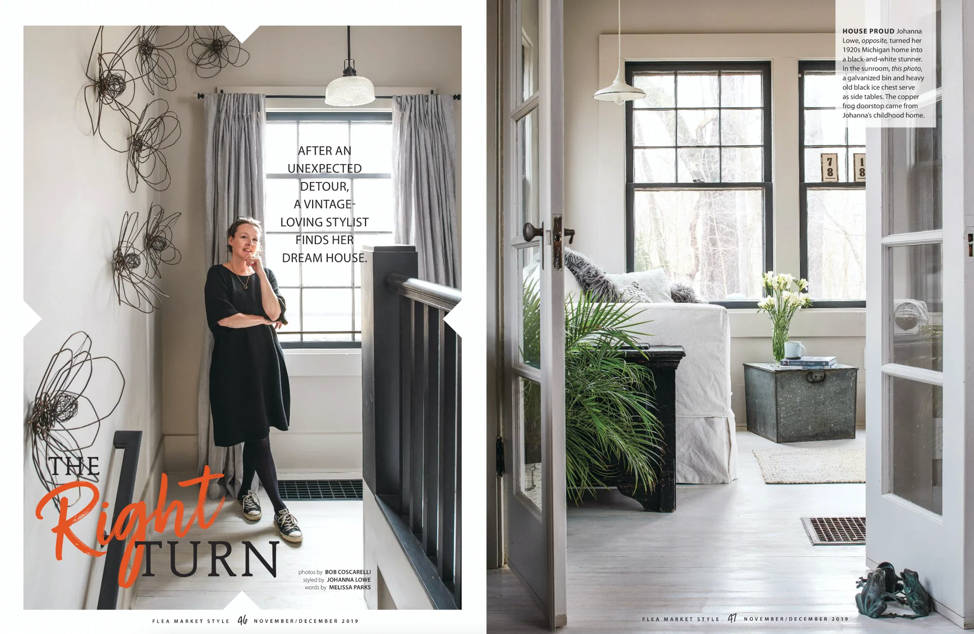 Danny Seo magazine article the right turn johanna lowe stylist woman stands on landing at window top of stairs in vintage house and shows lucy slivinski wire flowers with crate and barel large fern white washed floors 