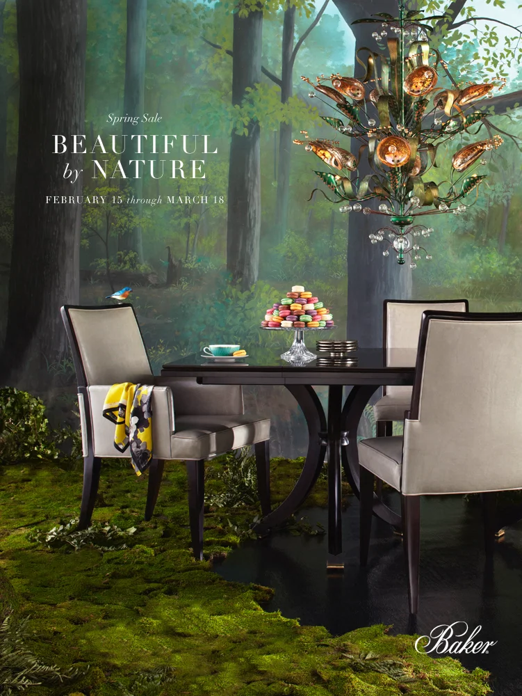 Baker furniture bucolic woodland scene with moss a chandelier hermes scarf and a cake stand of french macaron