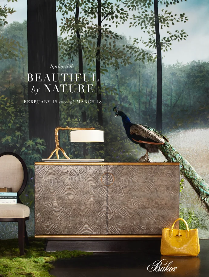 Baker furniture bucolic woodland scene with a taxidermy peacock yellow leather purse grossgrain sideboard and gold table lamp