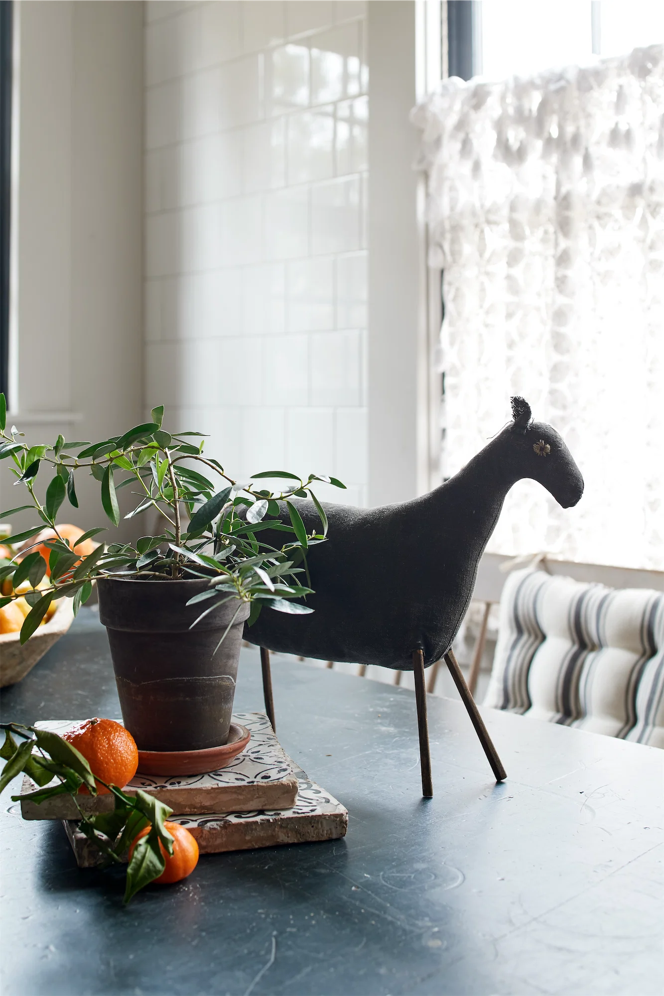 quirky tabletop scene with antique primitive toy stuffed animal oranges olive tree 