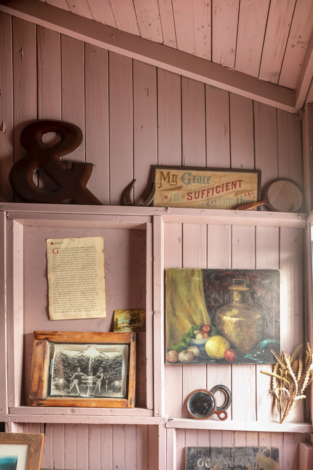 interior scene pink farrow and ball shiplap assorted artworks amphersand oil painting hand held mirror desiderata