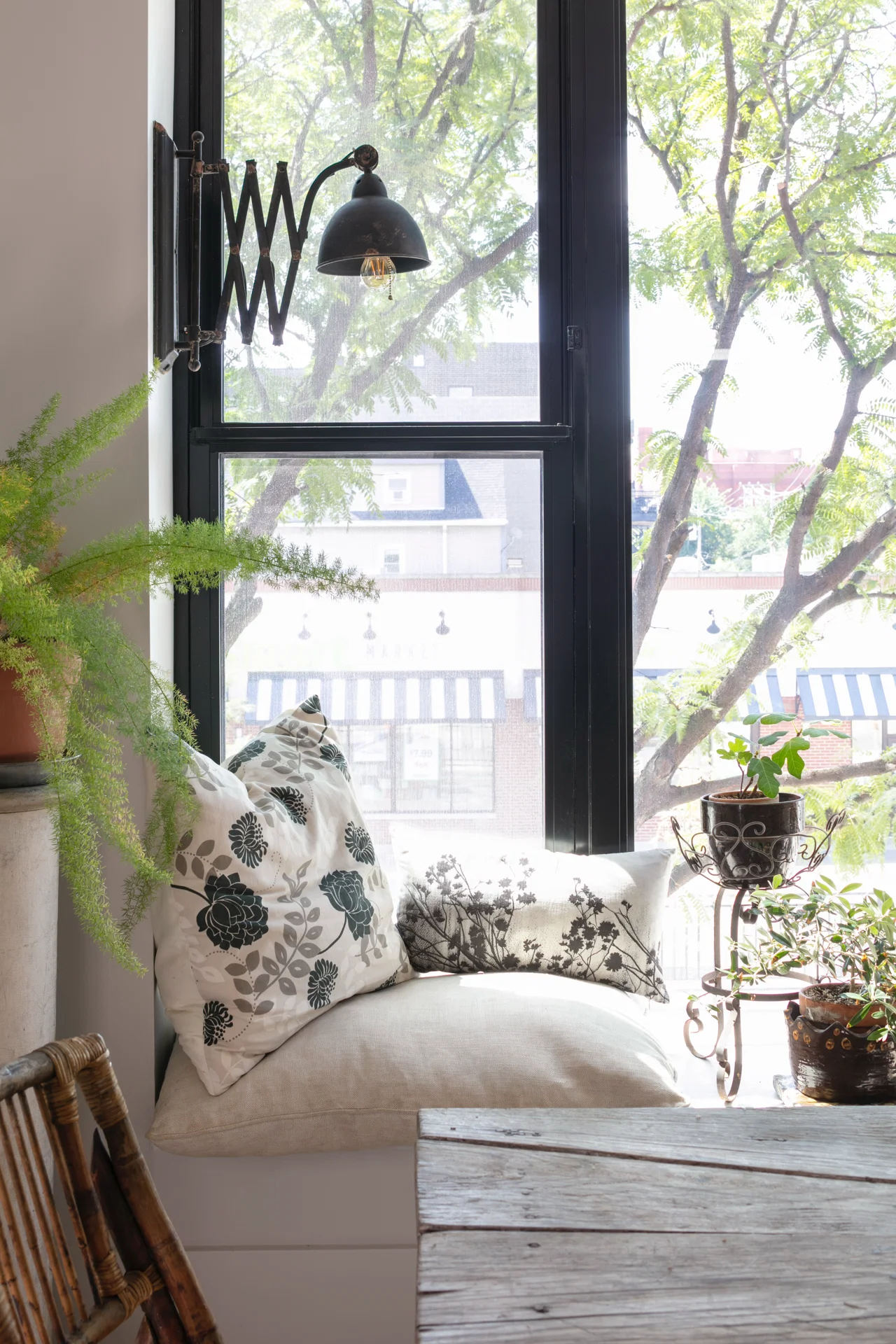 interior scene at large window seat with vintage wall sconce and fern